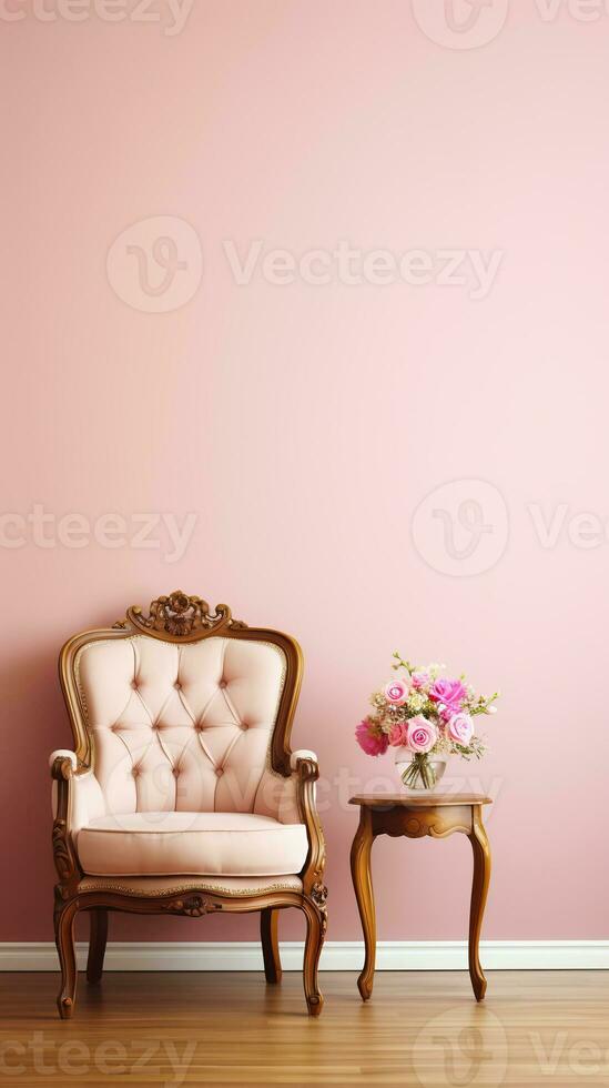 Pink elegant textile armchair with a table and flowers in vase. AI Generated photo