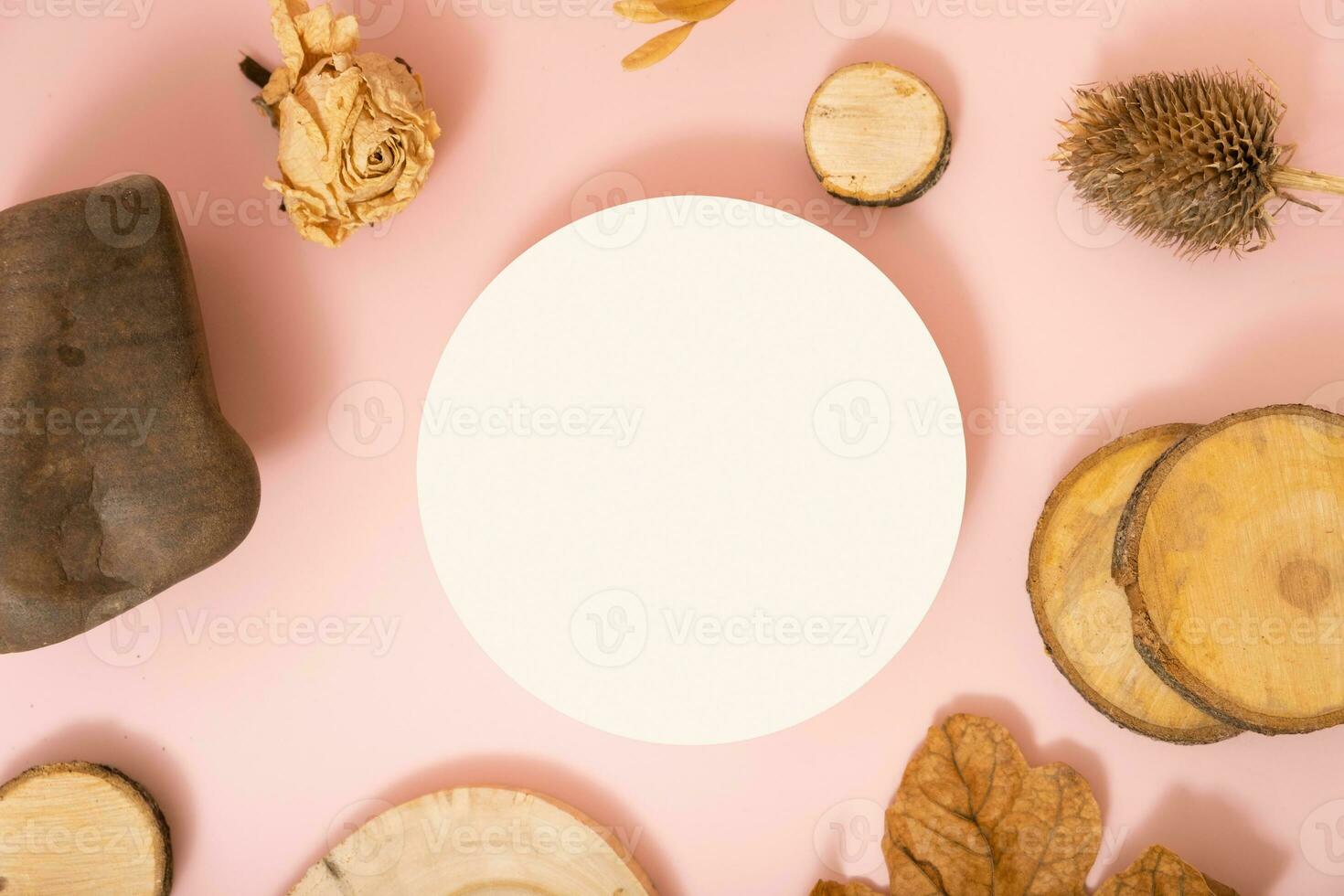 Podium or pedestal template mock up flat lay, top view. Autumn scene composition for cosmetics photo