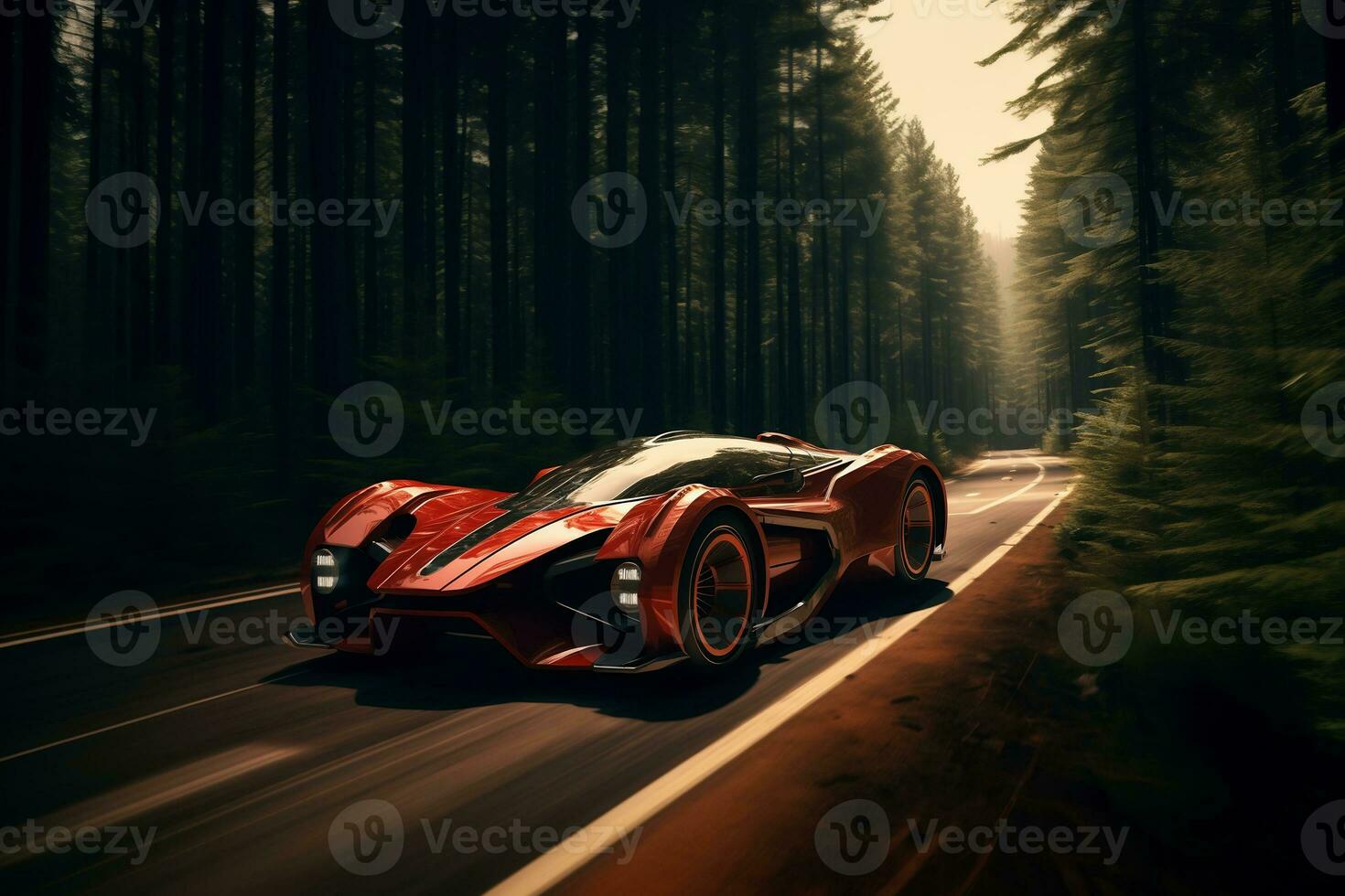 un futurista rojo coche en el la carretera con bosque. fantástico coche. ai generado. foto