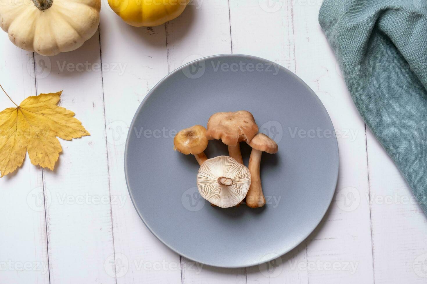 hongos en un plato con calabazas y otoño hoja en de madera antecedentes plano poner, parte superior ver en de madera antecedentes foto