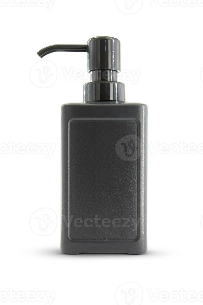 Black cosmetic plastic bottle with dispenser isolated on white background photo