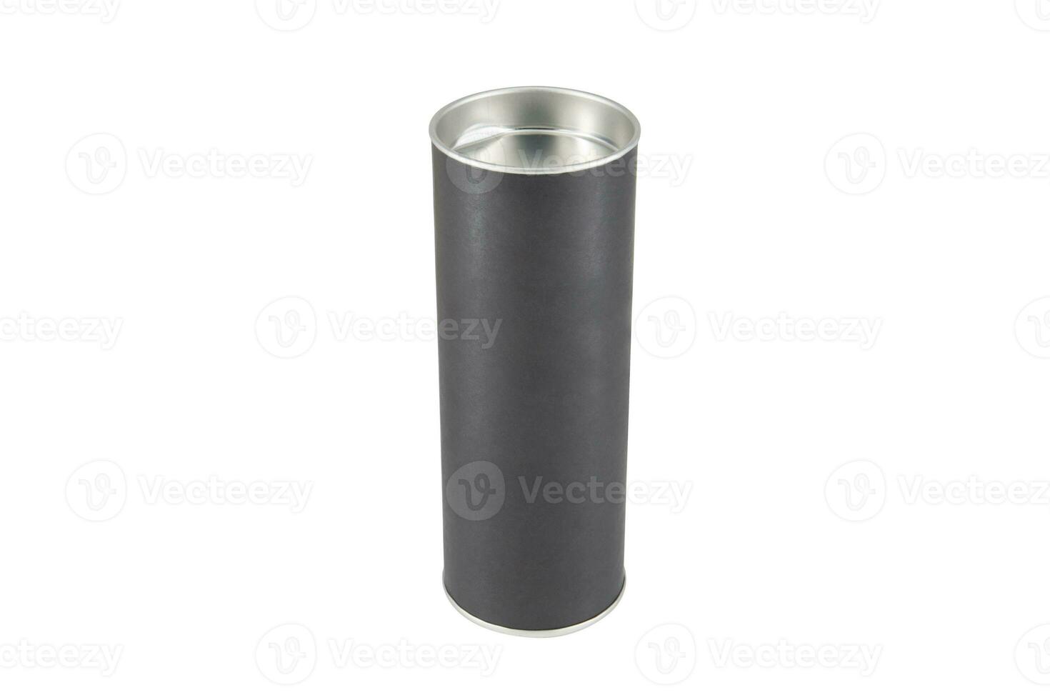 Black Kraft paper tube tin can isolated on white background photo