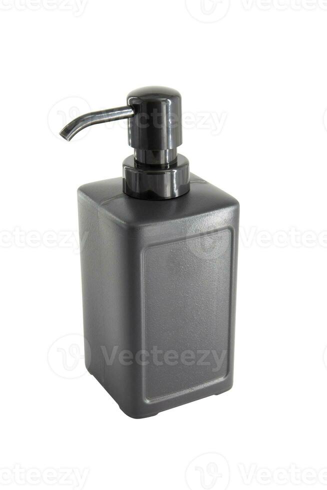 Black cosmetic plastic bottle with dispenser isolated on white background photo