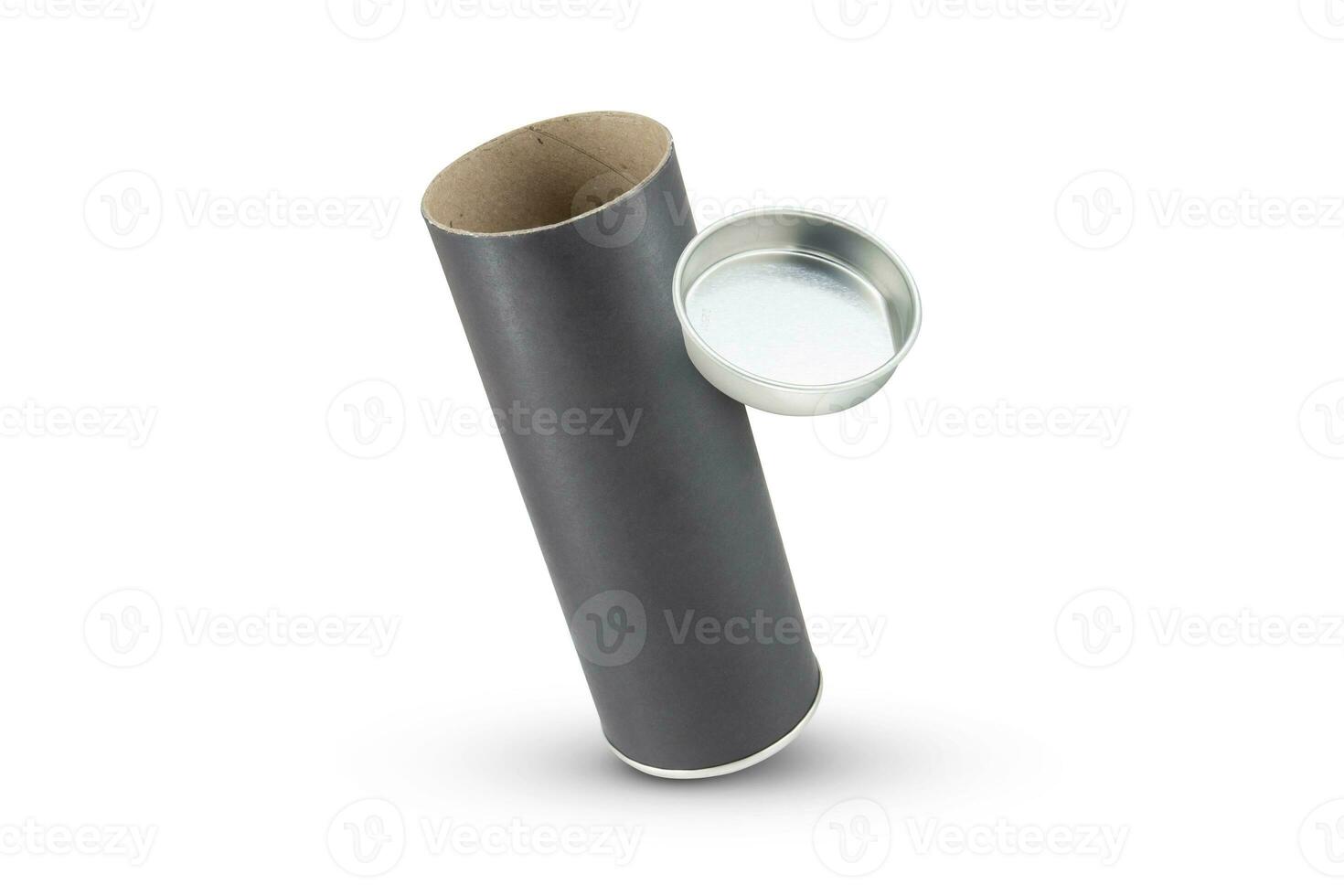 Black Kraft paper tube tin can isolated on white background photo