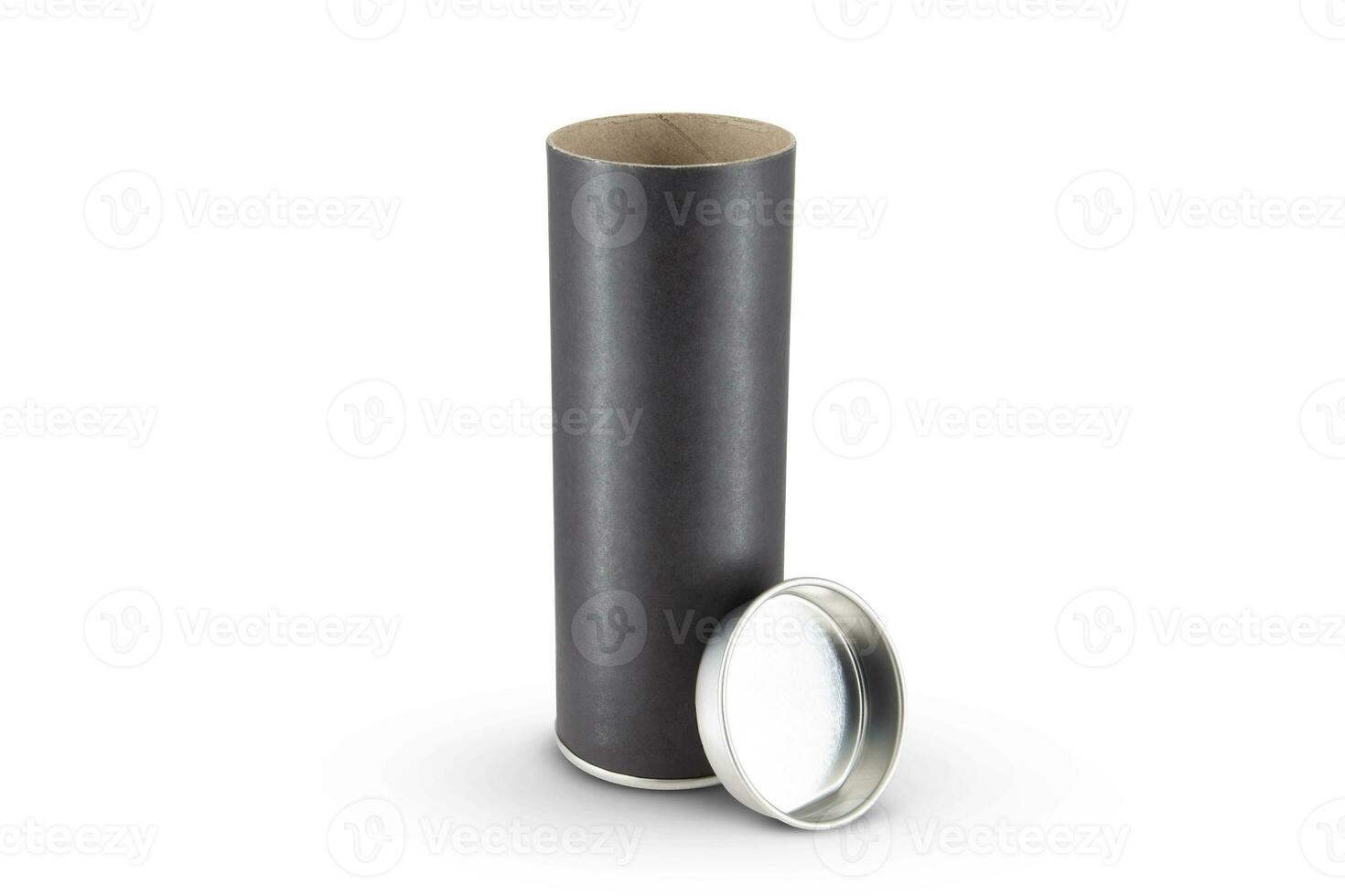 Black Kraft paper tube tin can isolated on white background photo