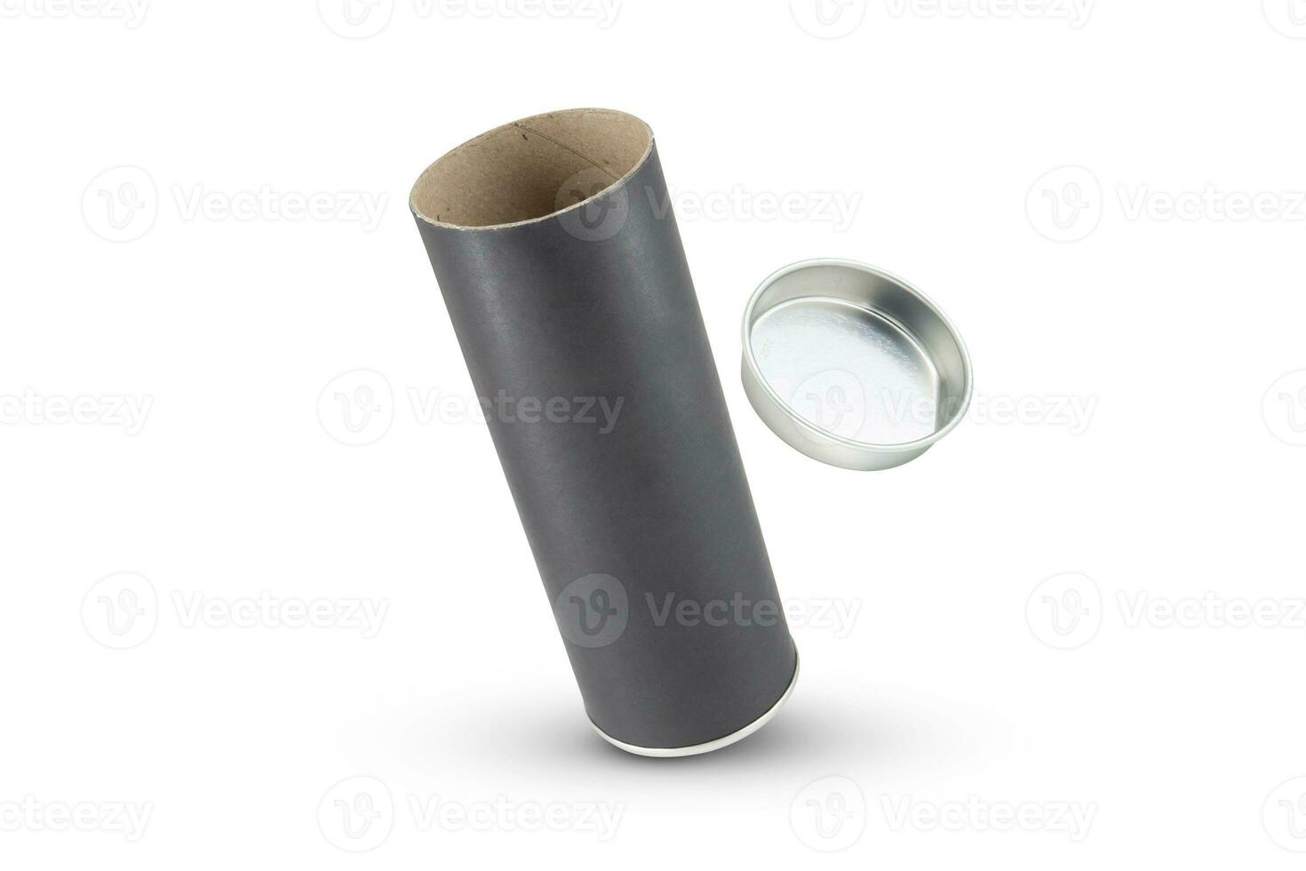 Black Kraft paper tube tin can isolated on white background photo