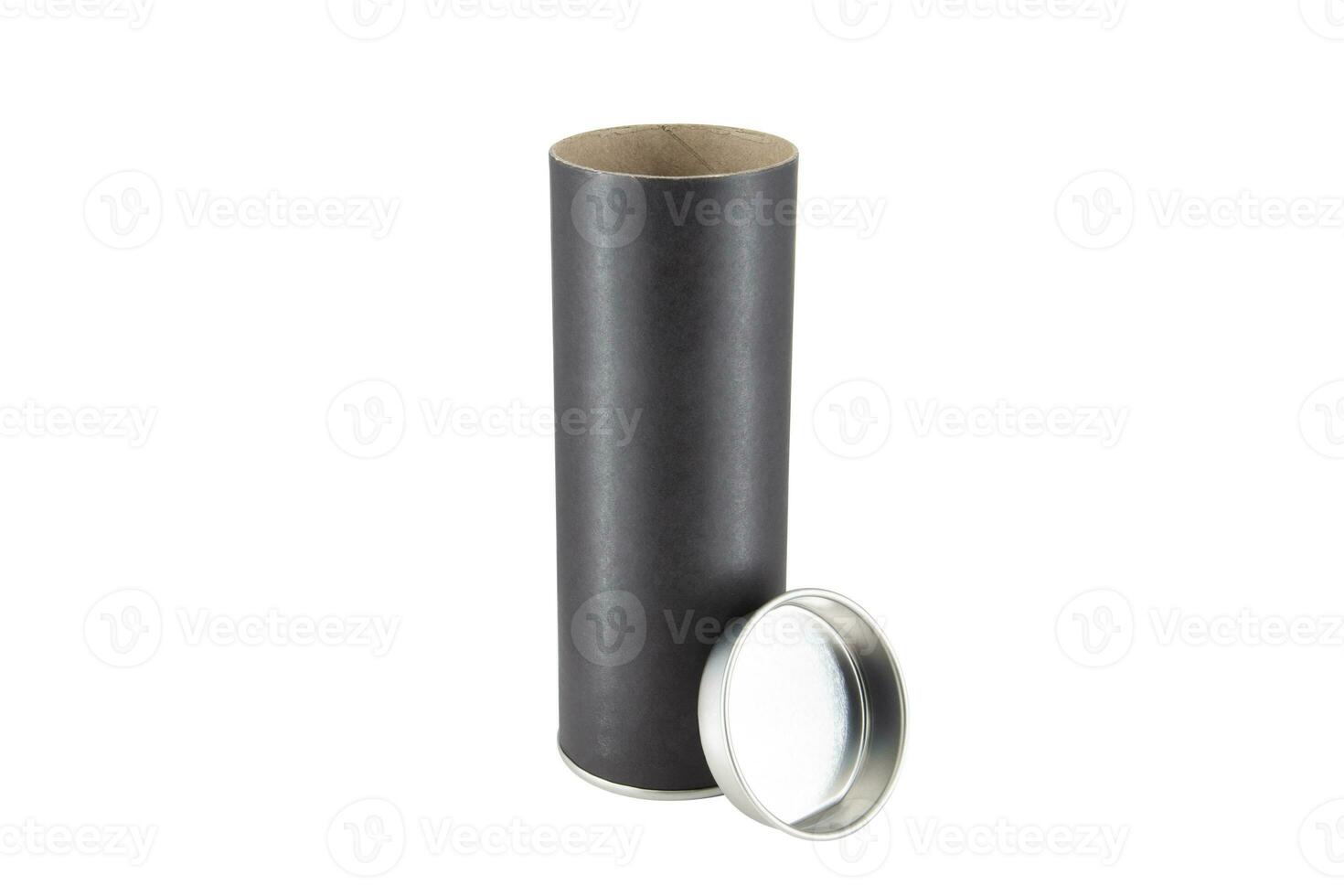 Black Kraft paper tube tin can isolated on white background photo