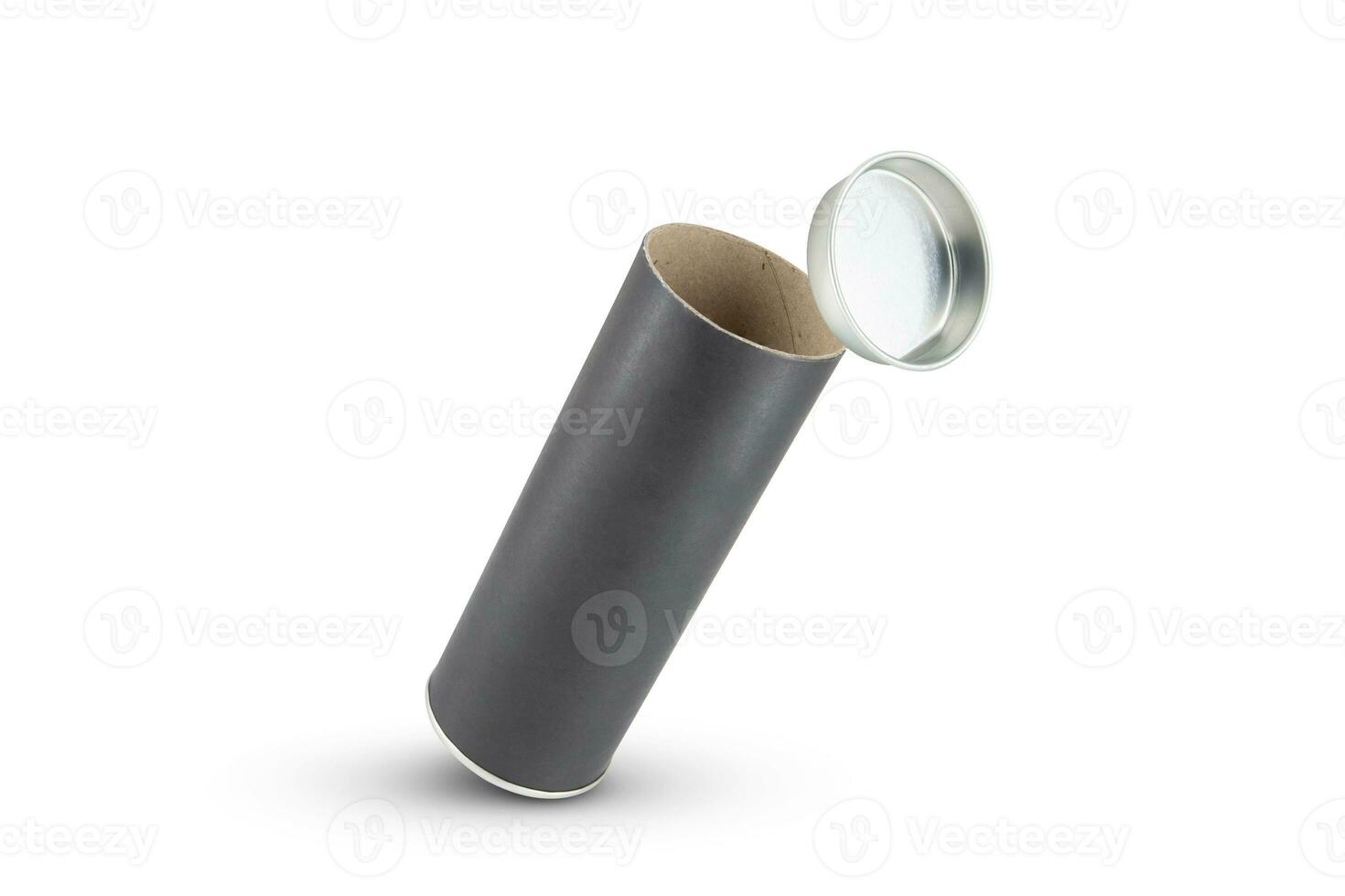 Black Kraft paper tube tin can isolated on white background photo