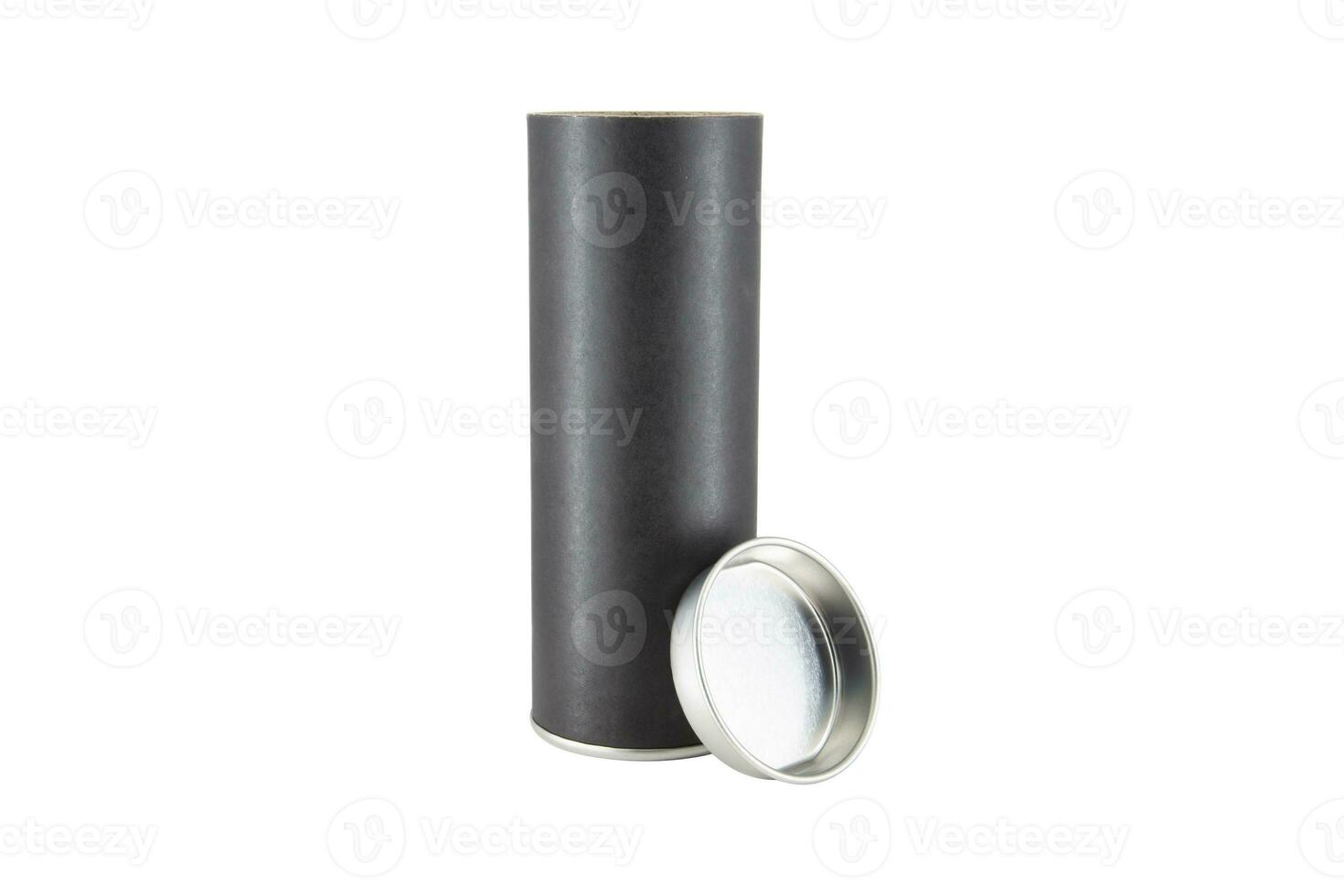 Black Kraft paper tube tin can isolated on white background photo