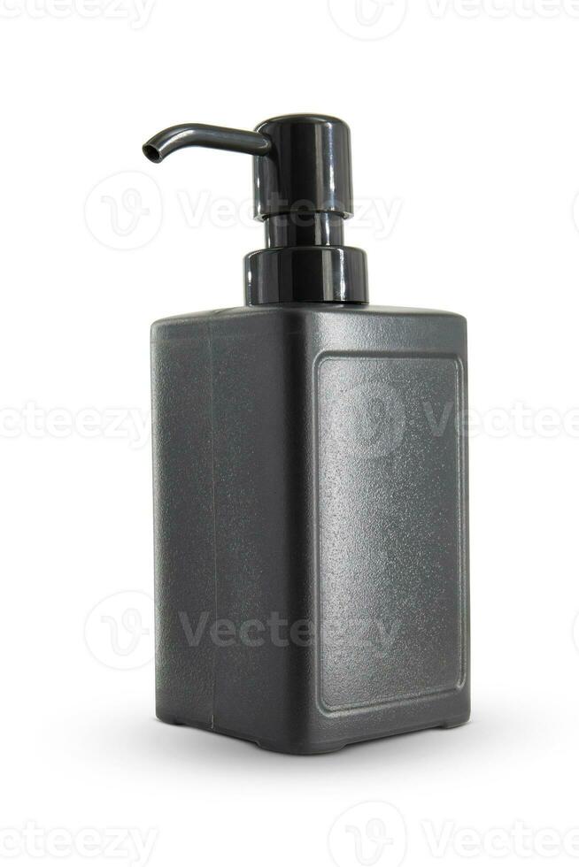 Black cosmetic plastic bottle with dispenser isolated on white background photo