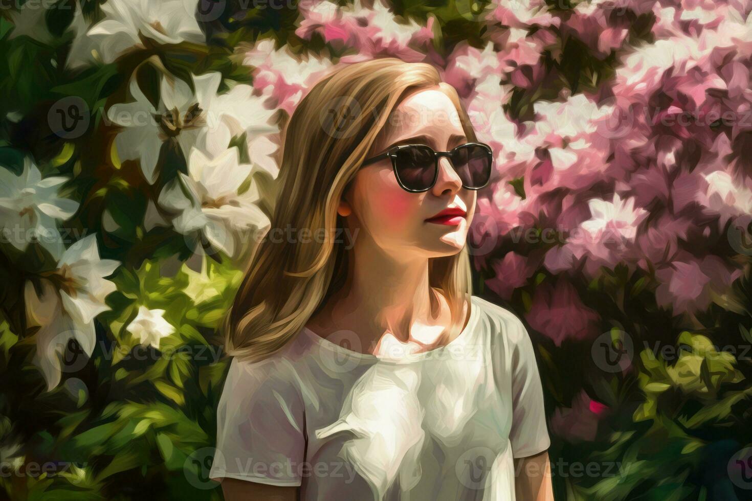 Girl sunglasses pink flowers art. Generate Ai photo