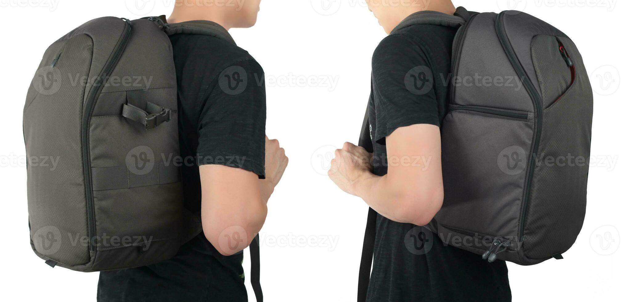 Young man standing with travel backpack equipment isolated white background. photo