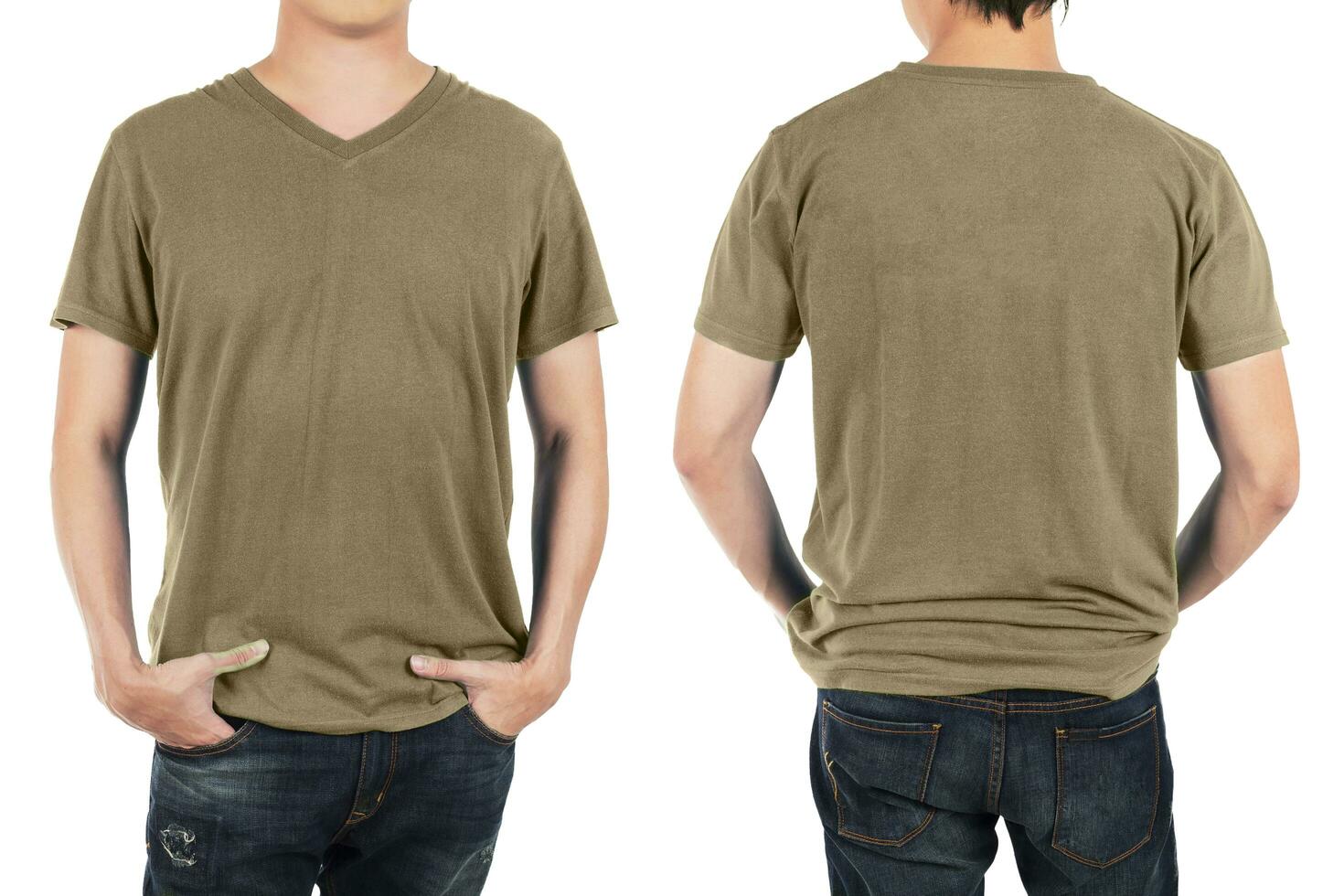 Close up of man in front and back brown shirt on white background. photo