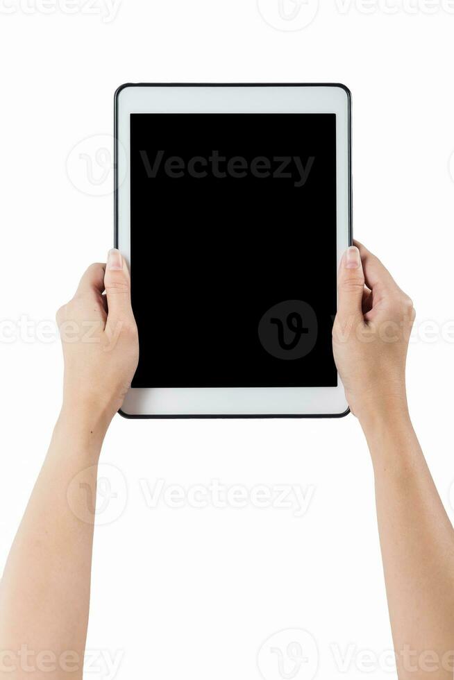 Hands holding tablet vertical white background. use clipping path photo