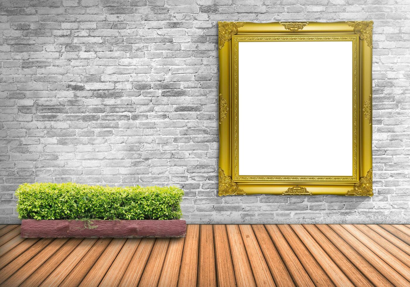 Blank frame vintage on a concrete wall with tree pot on wood floor photo