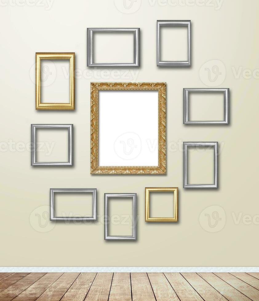 Golden wood Frame decor on wallpaper with light flare. photo