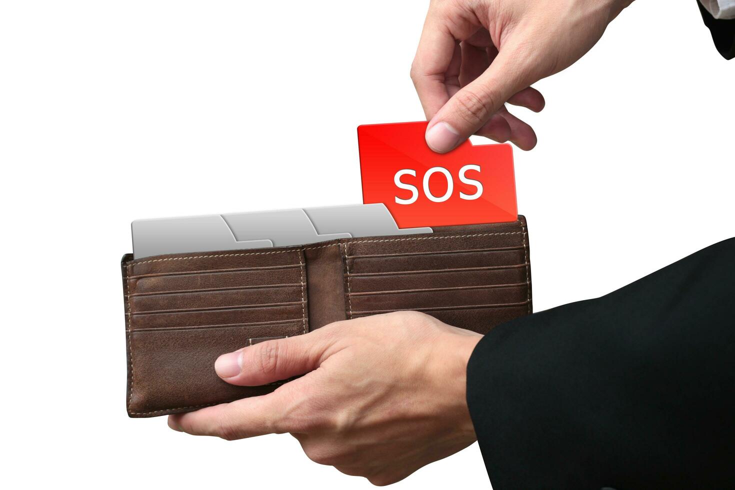Businessman hands pulling folder SOS concept on brown wallet. photo
