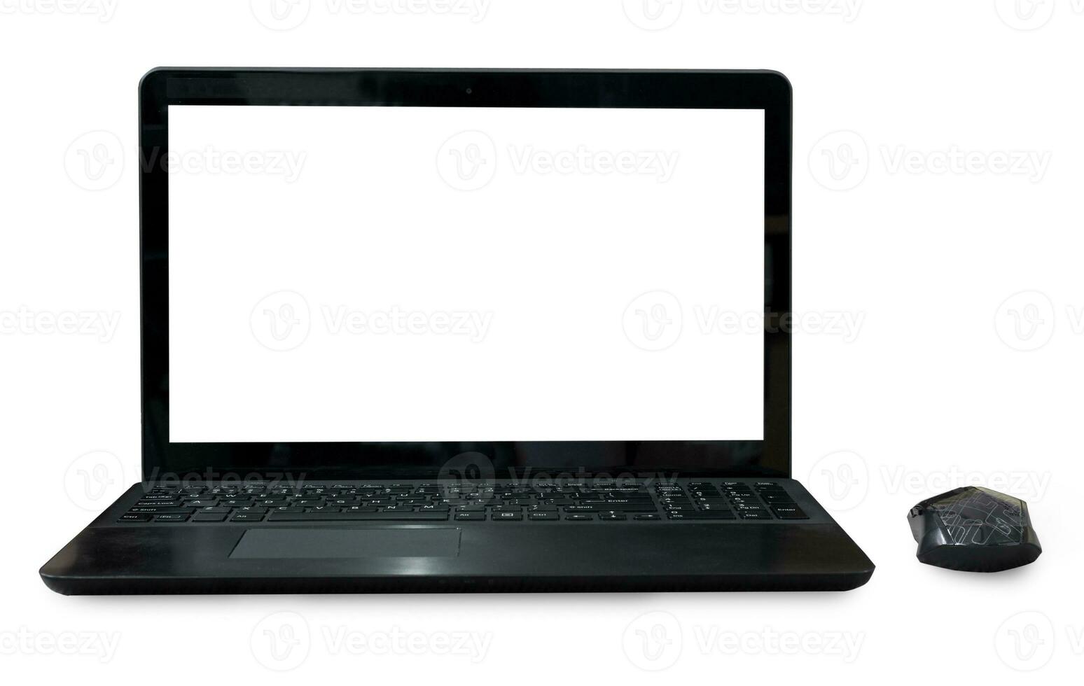 Black Labtop with mouse bluetooth isolated white background. photo