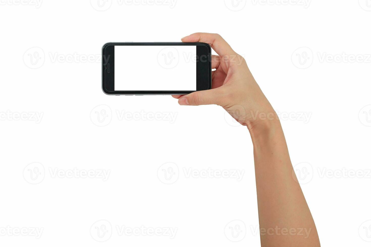 Hand holding smart phone isolated white background, use clipping path photo