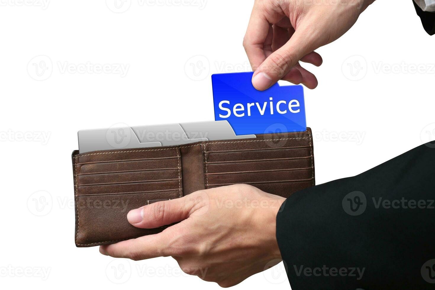 Businessman hands paying SERVICE concept on brown wallet. photo