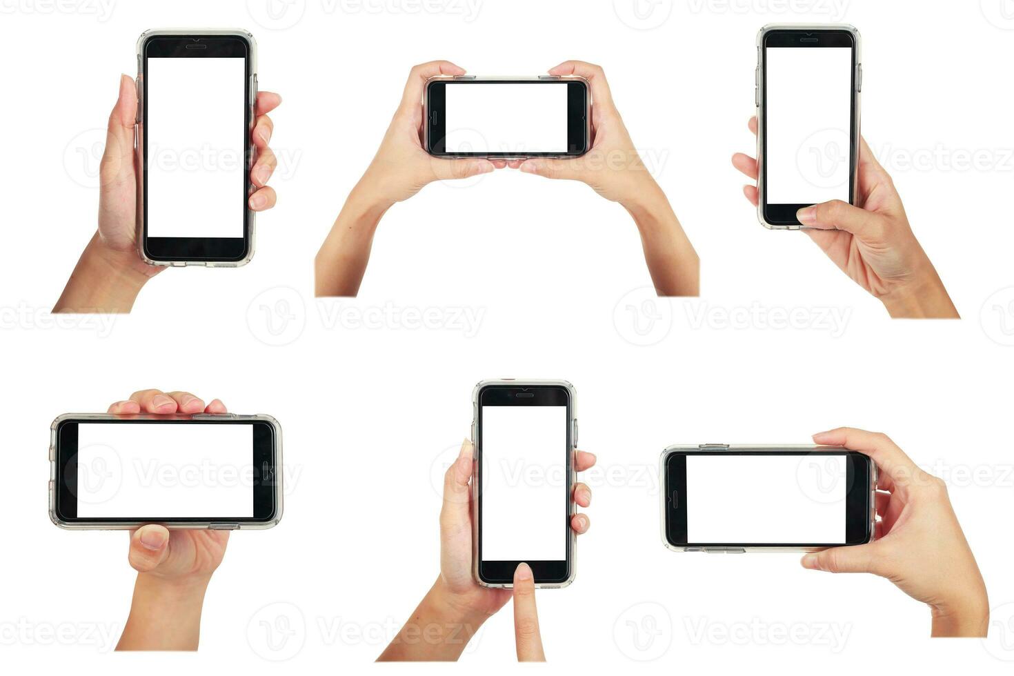 Female holding smart phone 6 various photos collection, use clipping path