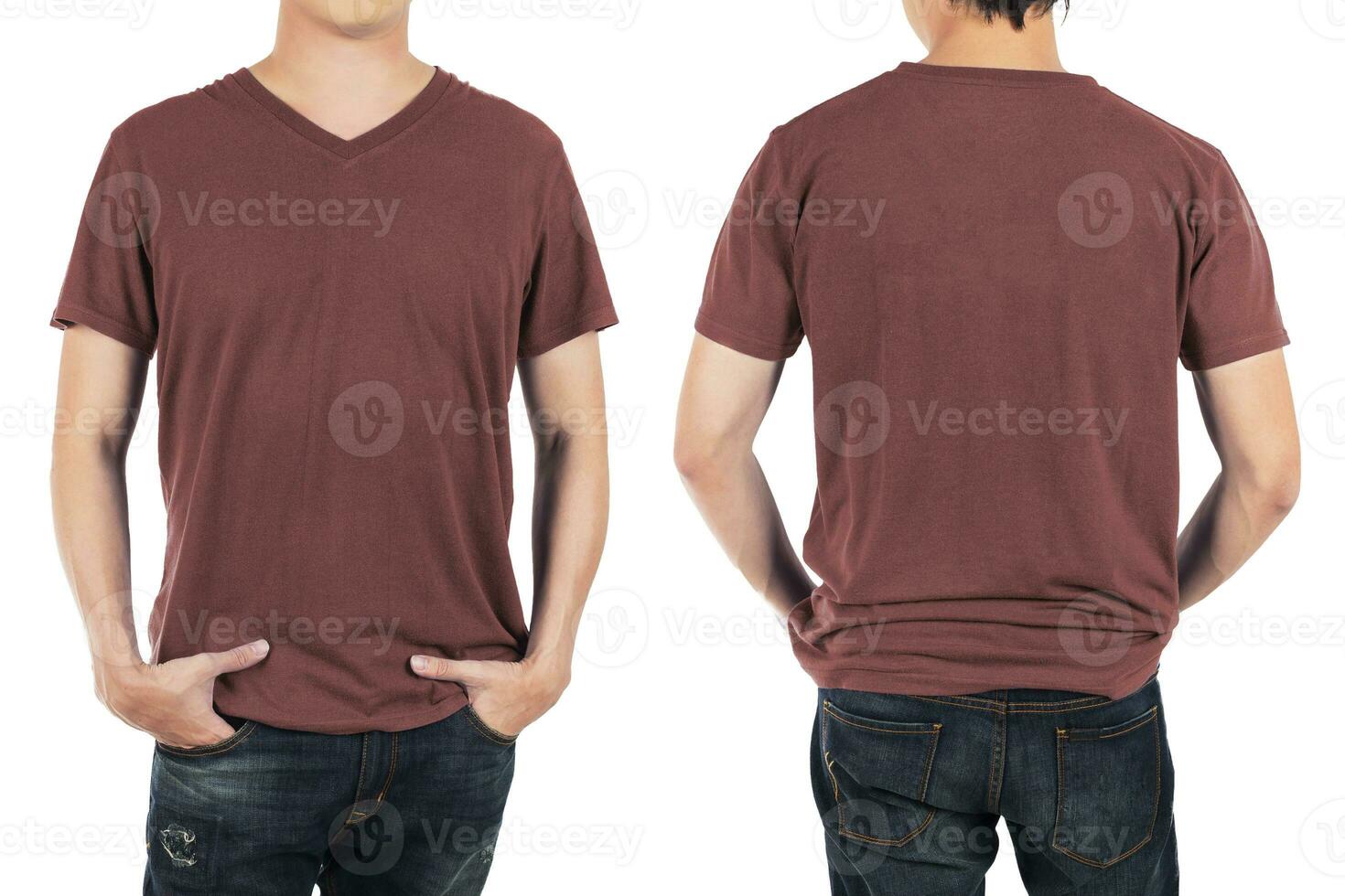 Close up of man in front and back red brown shirt on white background. photo