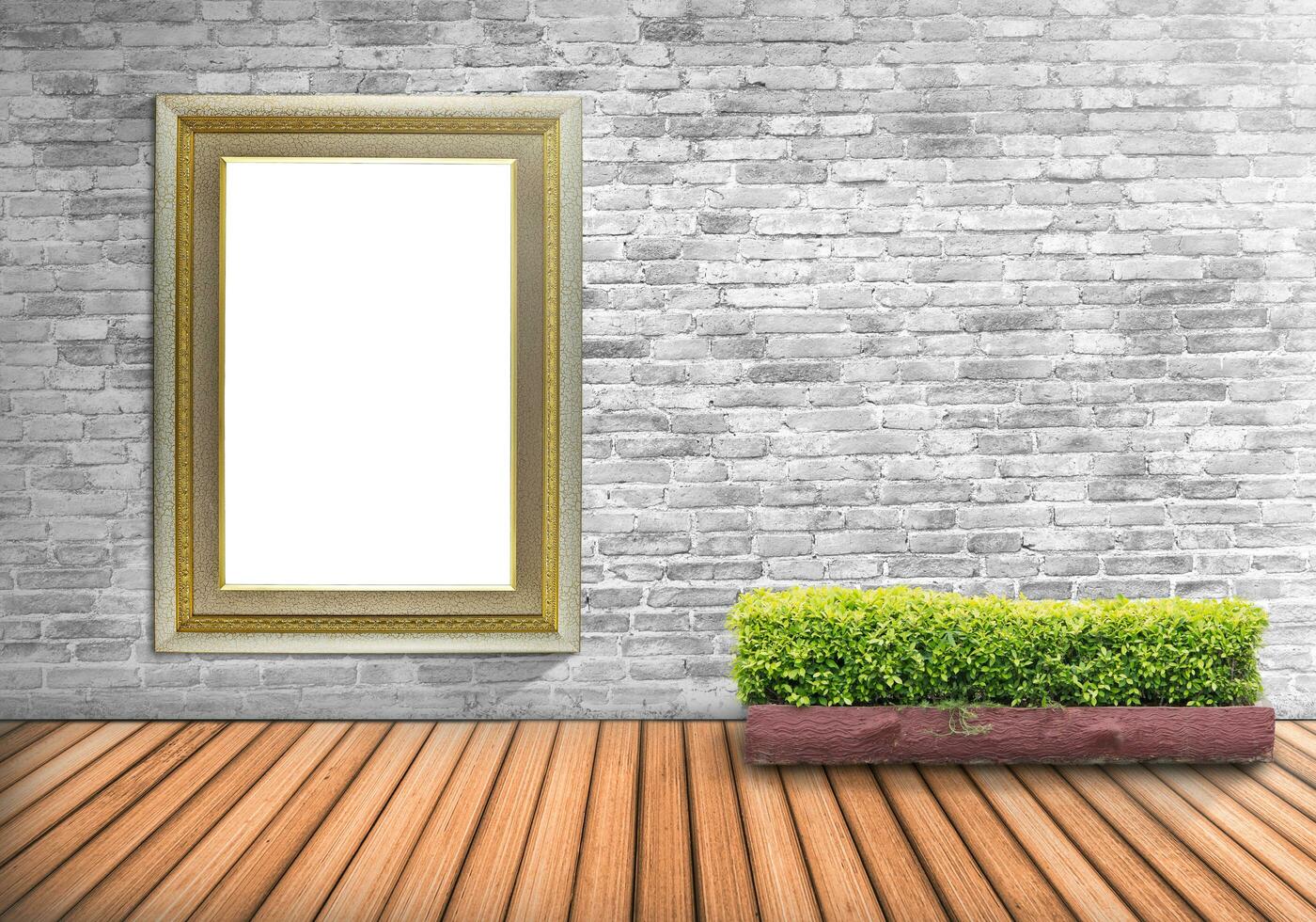 Blank frame vintage on a concrete wall with tree pot on wood floor photo