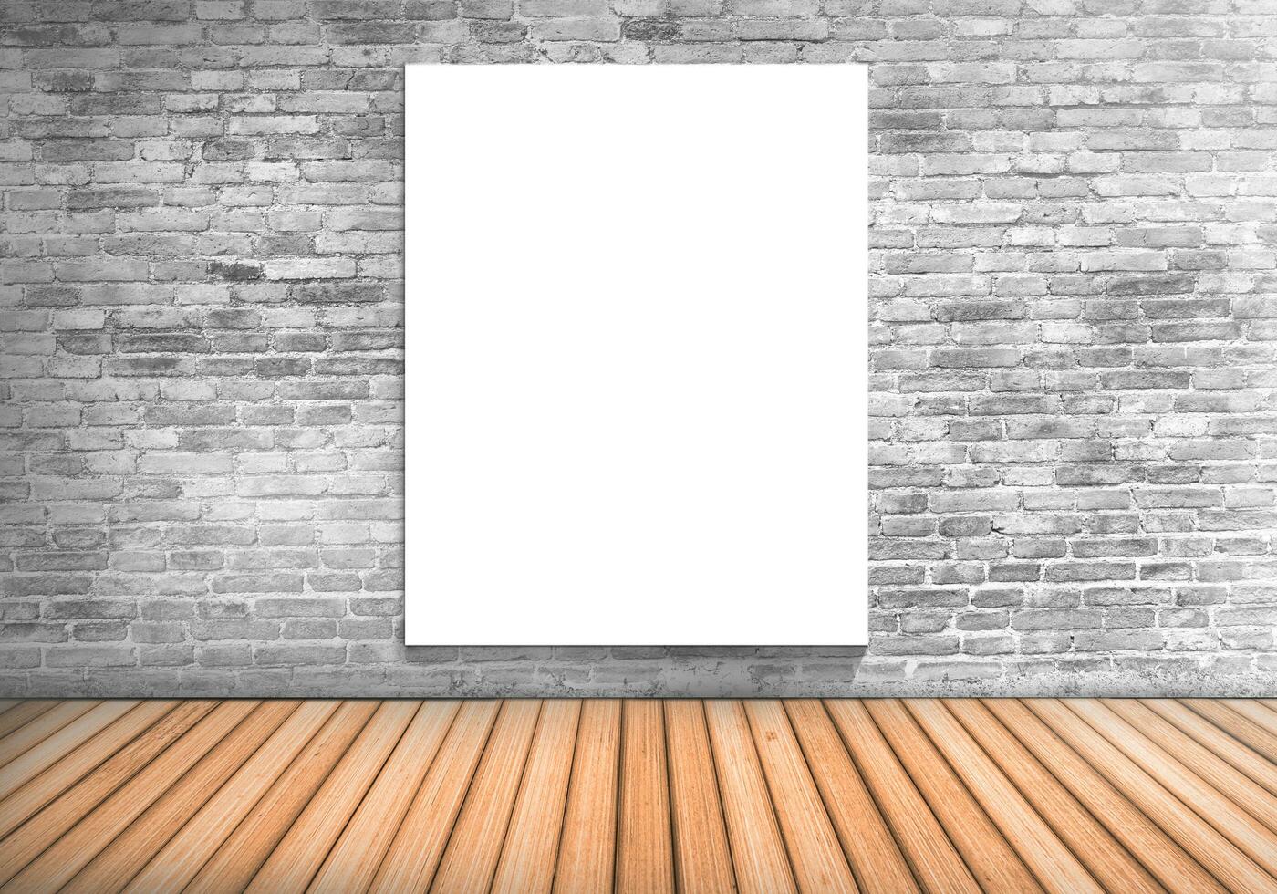 blanco marco Clásico en un hormigón pared con árbol maceta en madera piso foto