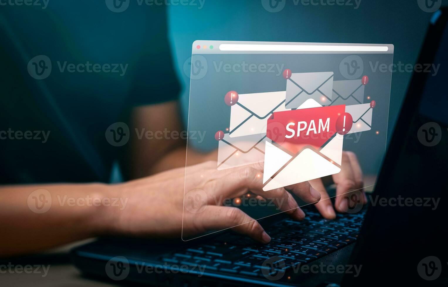 Concept of cyber crime, hand using laptop and show malware screen that comes with email, hack password and personal data.  hackers, Viruses, Worms, Trojans, Ransomware, Spyware, Adware, Botnets photo