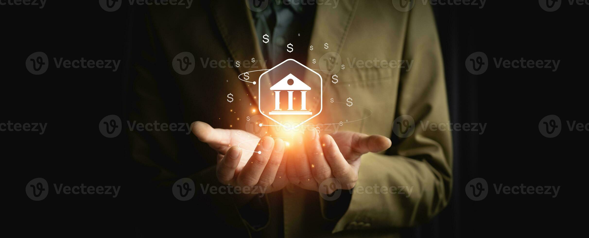 Businessman using mobile online banking and payments, digital marketing. Financial and banking networking. Customer network connection and online shopping icons cyber security, business technology photo