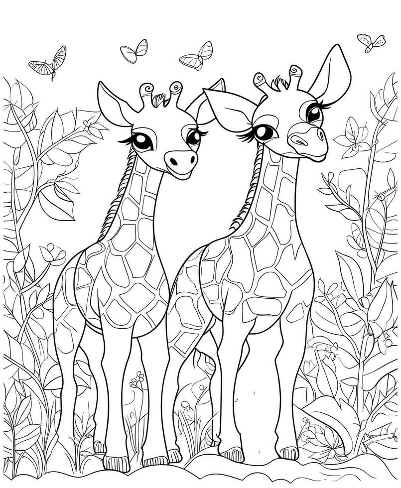 Giraffes jungle Coloring Page line art vector