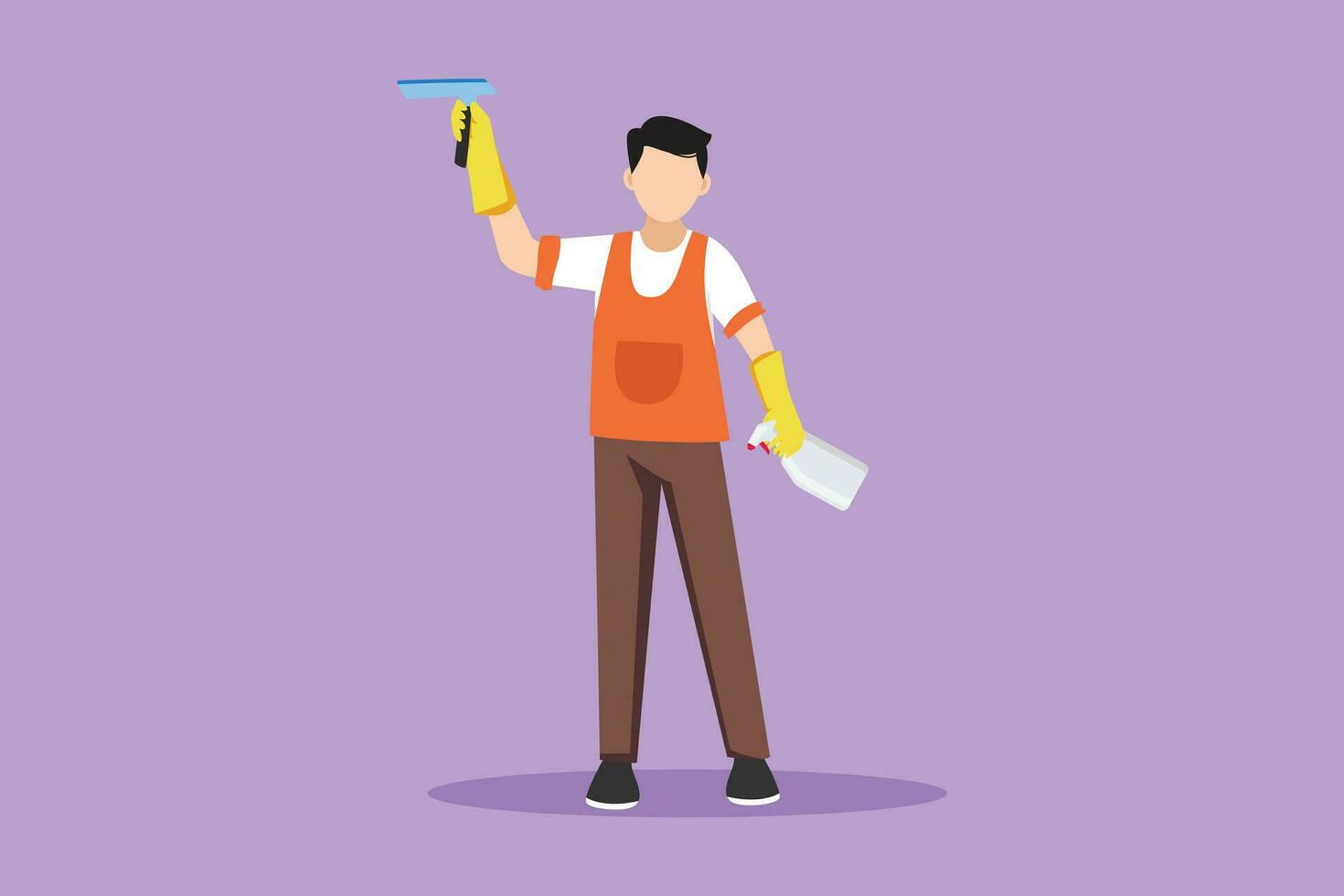 Character flat drawing active smiling cleaning staff member is wiping window with brush and spray. Concept of man cleaning windows from dust in different premises. Cartoon design vector illustration