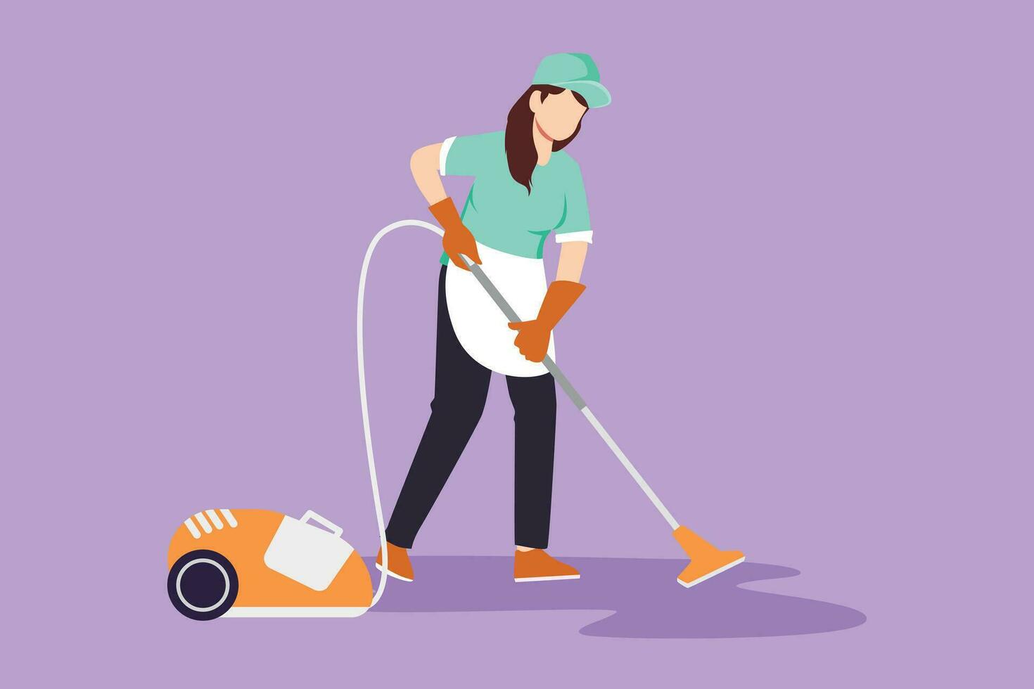 Cartoon flat style drawing beautiful woman with vacuum cleaners of various types isolated on blue background. Washing, cleaning service. Disinfection and cleaning. Graphic design vector illustration