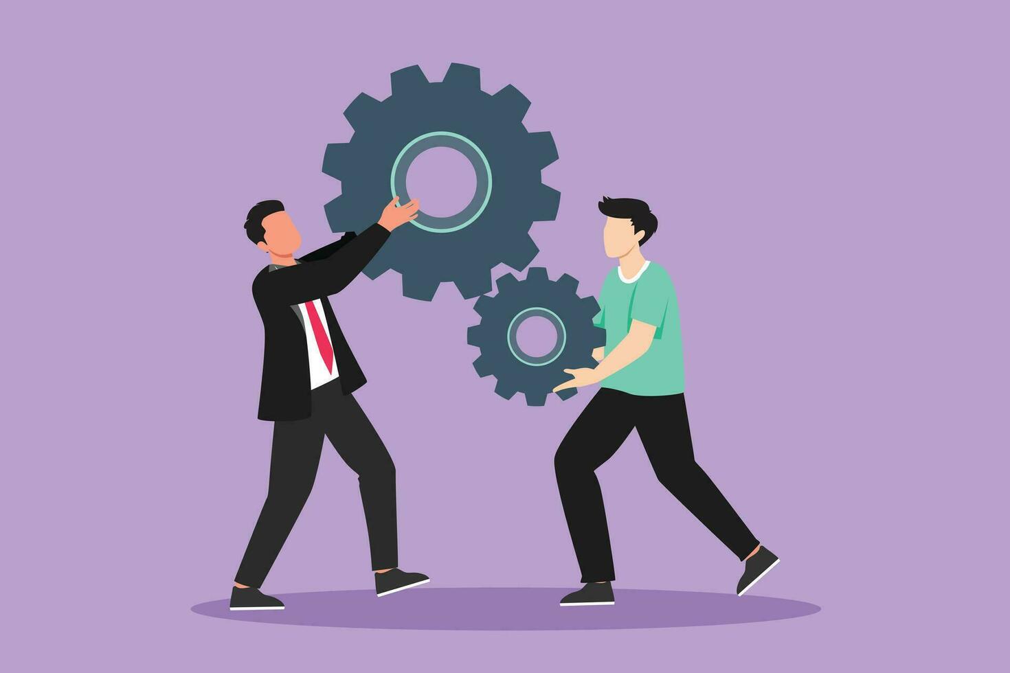 Graphic flat design drawing team of business tech people hold up technology gear collaboration solution. Group of businessmen lifting two cogs wheel working together. Cartoon style vector illustration