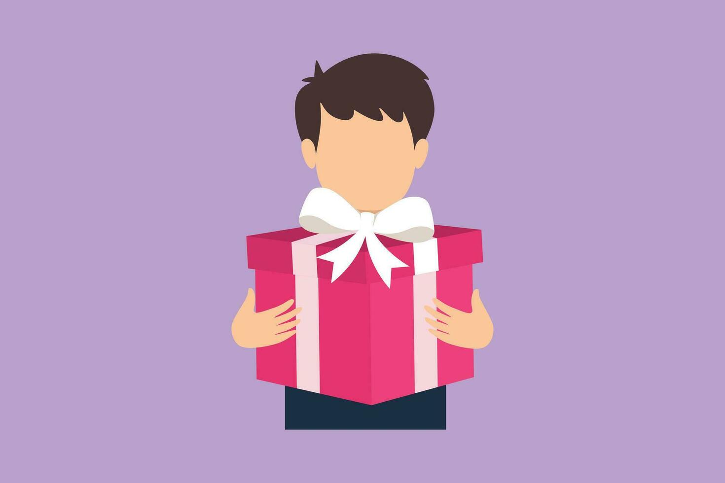 Character flat drawing adorable kid holding big ribbon bow wrapped gift box in front of his in arms. Happy little boy carries holiday gift box with bow in his hands. Cartoon design vector illustration