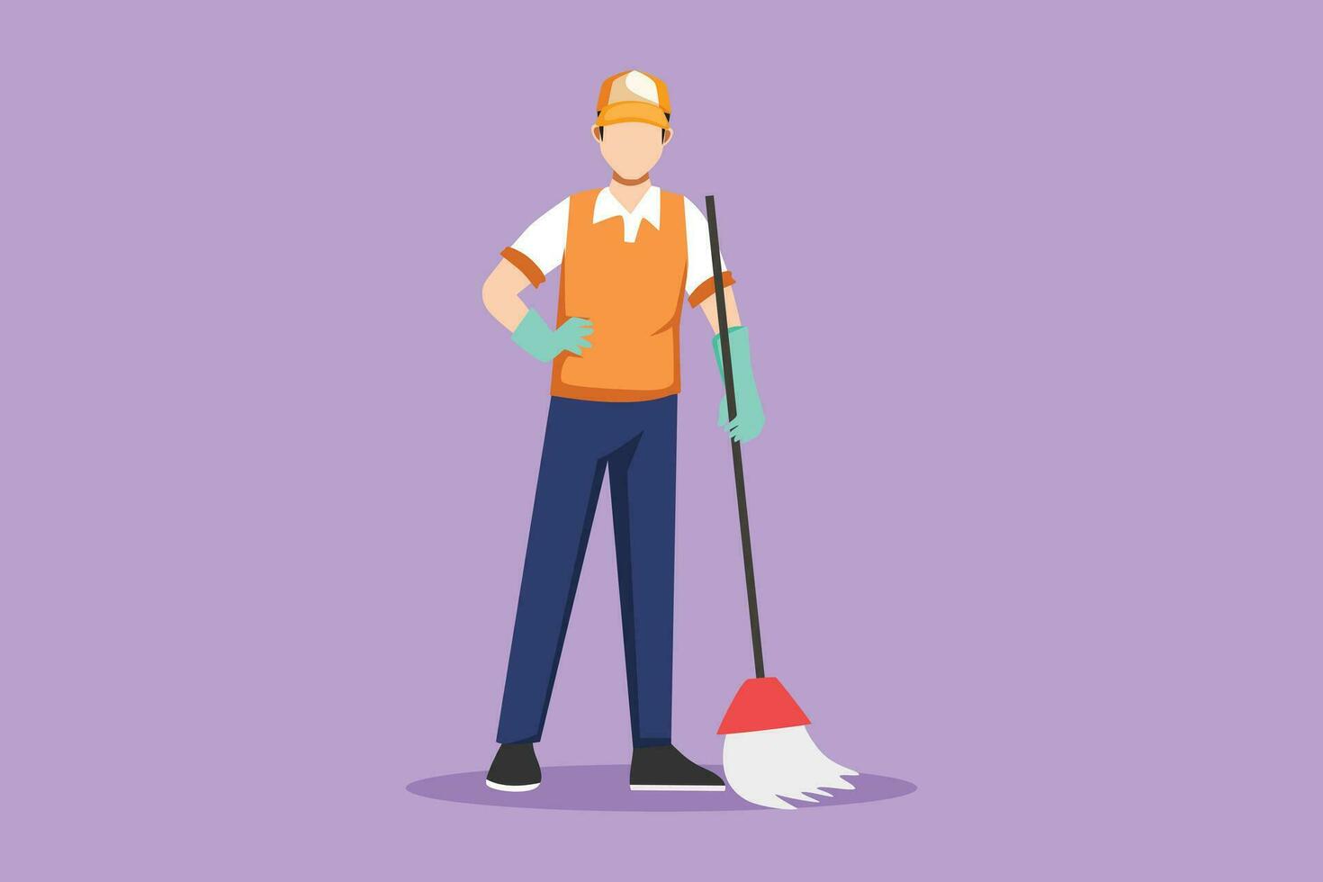 Graphic flat design drawing smiling young male janitor standing in uniform, sweeping floor with broom, professional cleaning, home and office professional services. Cartoon style vector illustration