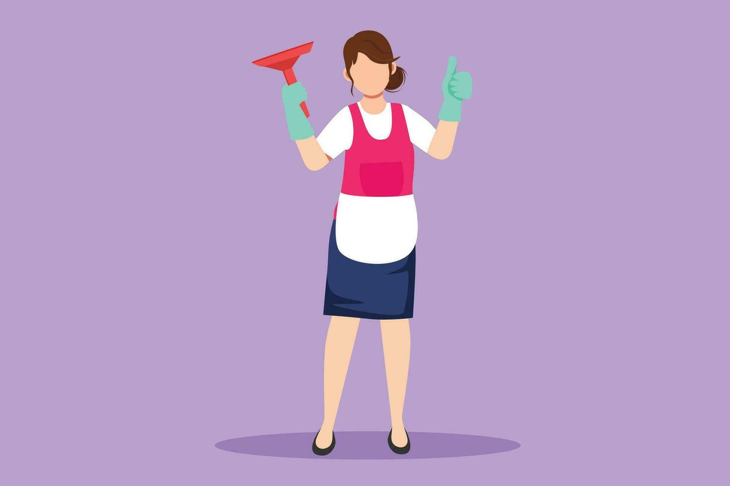 Graphic flat design drawing window cleaner in uniform with professional equipment for cleaning windows. Woman cleaning, rub windows of building using spray and wiper. Cartoon style vector illustration