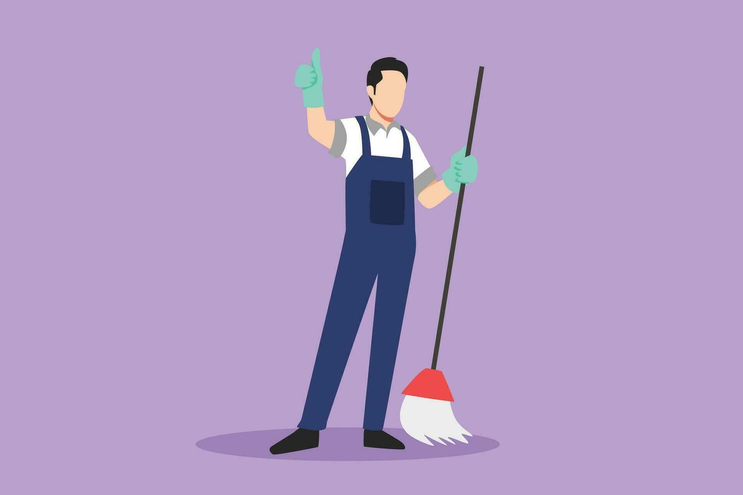 Character flat drawing of smiling male cleaning company staff member holding broom and showing thumbs up gesture. Happy cleaning activity day. Cleaning company logo. Cartoon design vector illustration