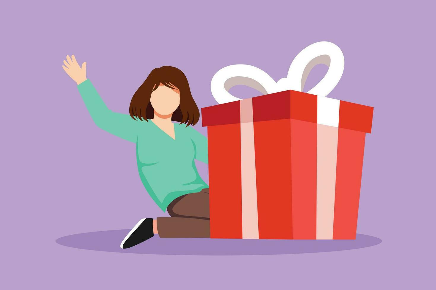 Character flat drawing loyalty program for regular clients. Businesswoman holds big gift box from office for holiday. Happy pretty girl standing next to large gift. Cartoon design vector illustration