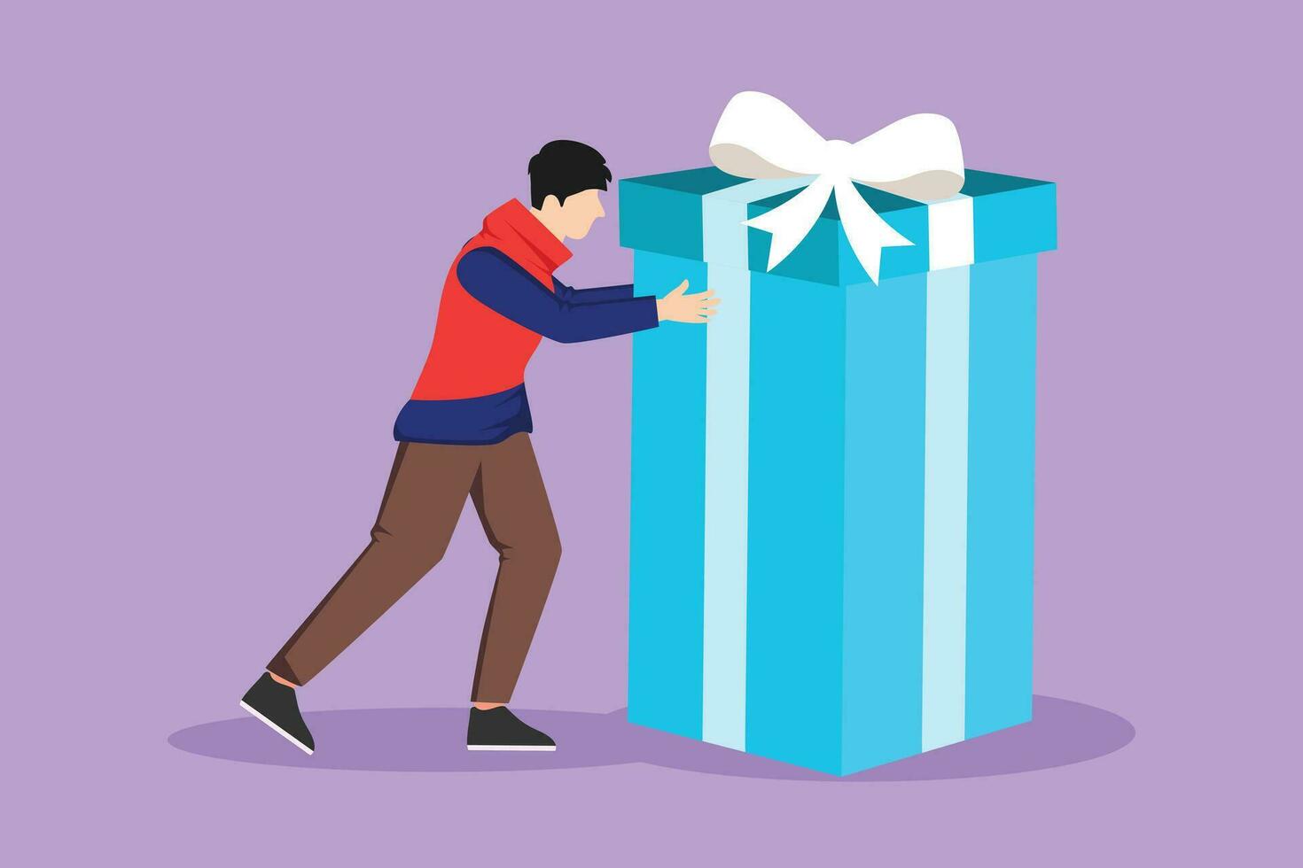 Graphic flat design drawing young man pushes in front of him huge gift. Giving gifts for holiday concept. Wrapped birthday gift box with bow. Present, gift, birthday. Cartoon style vector illustration