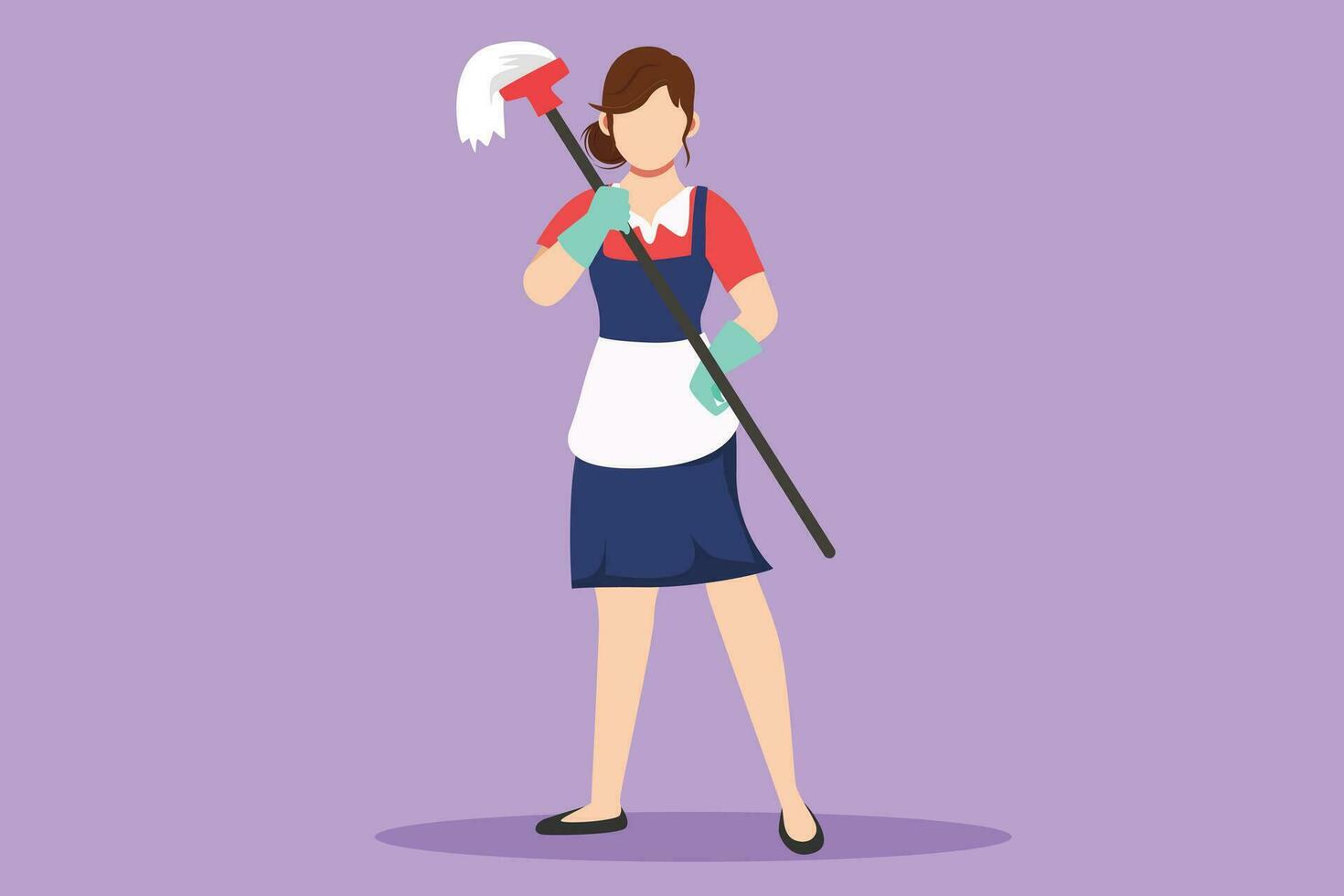 Graphic flat design drawing happy female cleaning staff member holding mop in gloves on blue background. Concept of different people like working in cleaning service. Cartoon style vector illustration