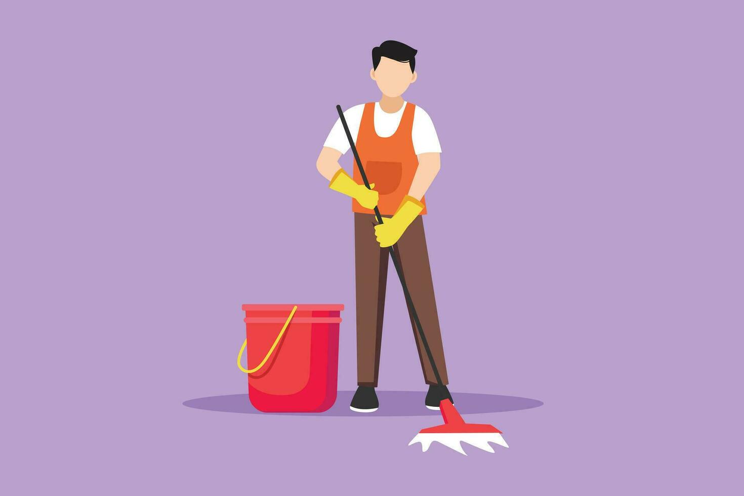 Character flat drawing cleaning company staff to work with the equipment. Attractive young man with buckets and mops. Domestic cleaner worker and cleaners equipment. Cartoon design vector illustration