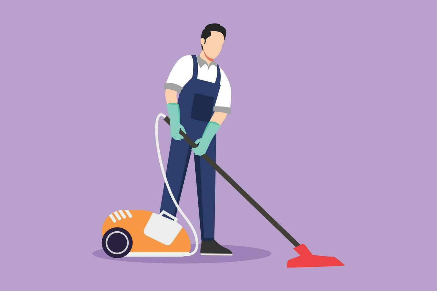 Graphic flat design drawing of active man with vacuum cleaners of various types isolated on blue background. Washing and cleaning service. Disinfection and cleaning. Cartoon style vector illustration
