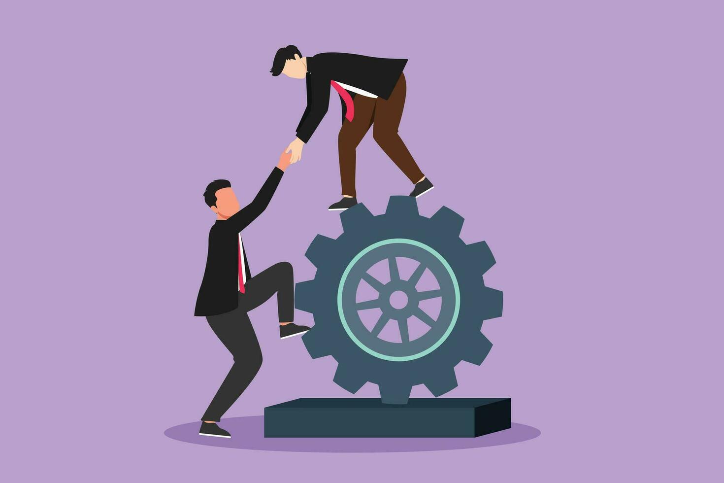 Cartoon flat style drawing two businessmen helping each other on top of cog. Teamwork people help each other trust assistance. Goal with collaboration group concept. Graphic design vector illustration