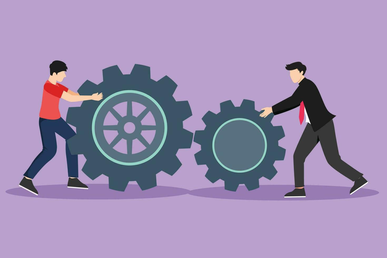 Graphic flat design drawing two businessman pushing big cogs together. Teamwork cooperation in gears mechanism. Young men work on push gears, teamwork or leadership. Cartoon style vector illustration