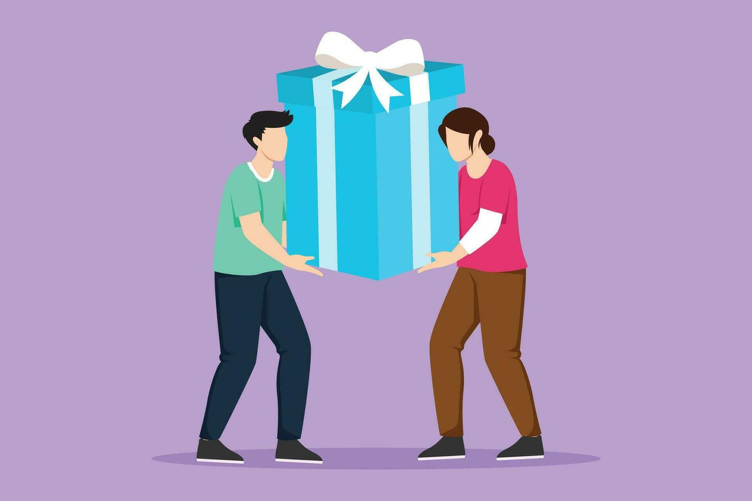 Cartoon flat style drawing happy couple man and woman are carrying a huge gift box. Big bonus or special offer for best employee. Happy birthday present from office. Graphic design vector illustration