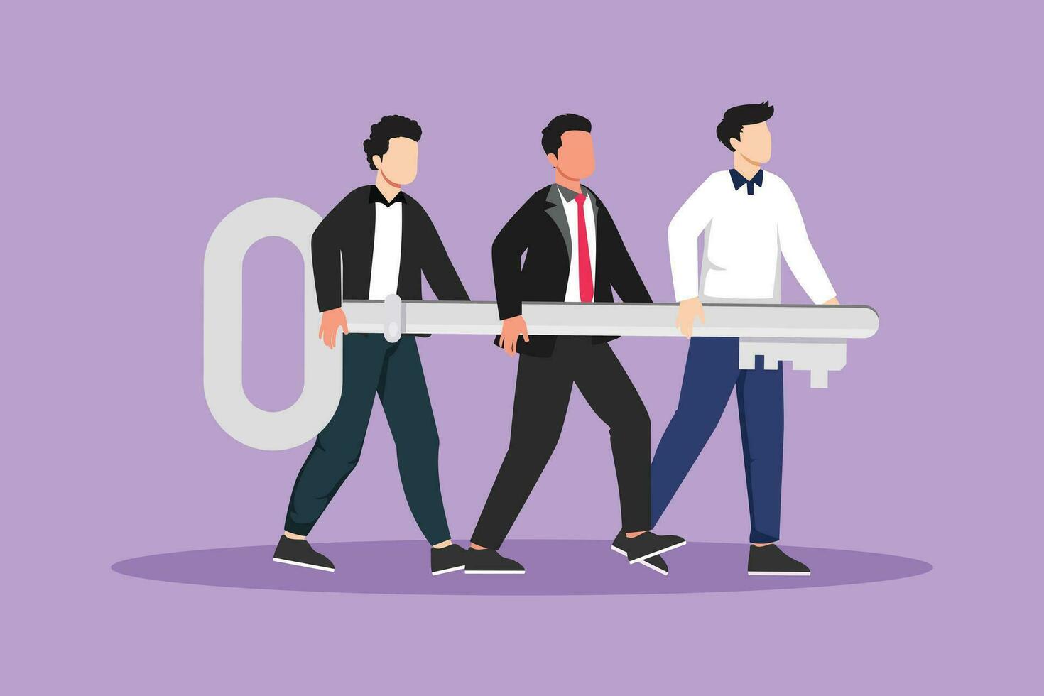 Character flat drawing of problem solving team of business man with a key solution concept. Businessmen carry big golden key. Build creative people world collection. Cartoon design vector illustration