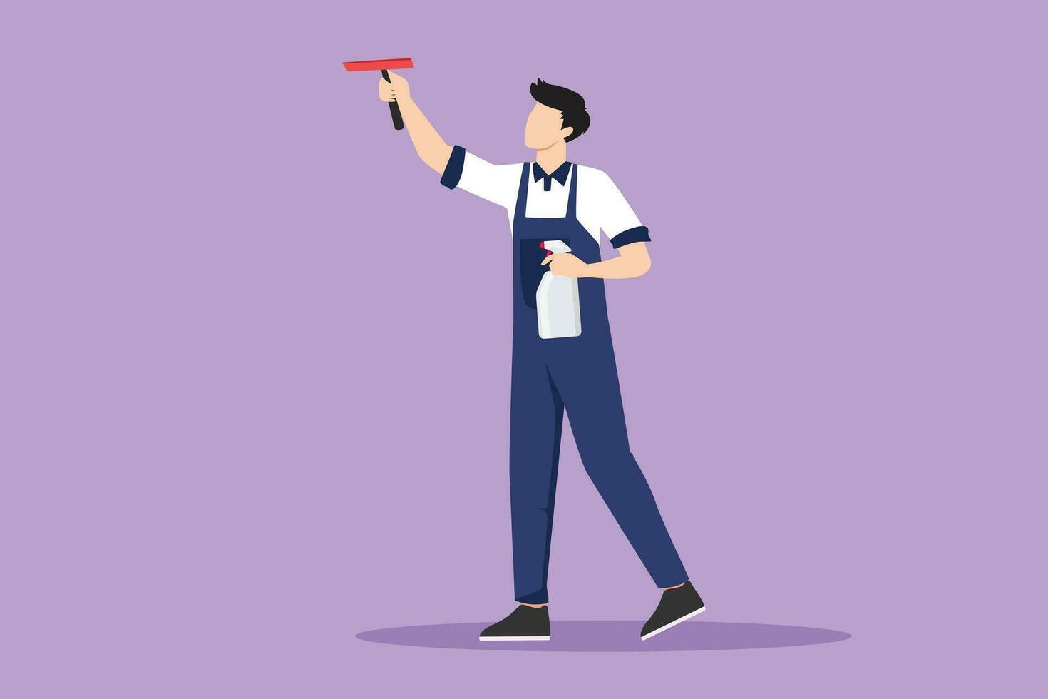 Cartoon flat style drawing male professional busy janitor wiping indoors, office cleaning, window, floor washing, young, happy, wearing overall, protective gloves. Graphic design vector illustration