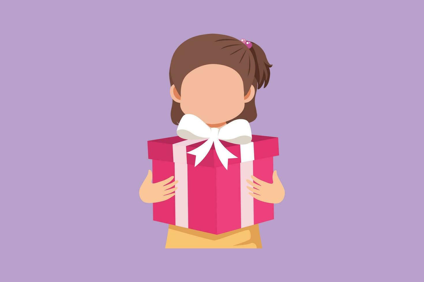 Graphic flat design drawing cute girl holding big ribbon bow wrapped gift box in front of her in arms. Little girl carries holiday gift with big red bow in her hands. Cartoon style vector illustration