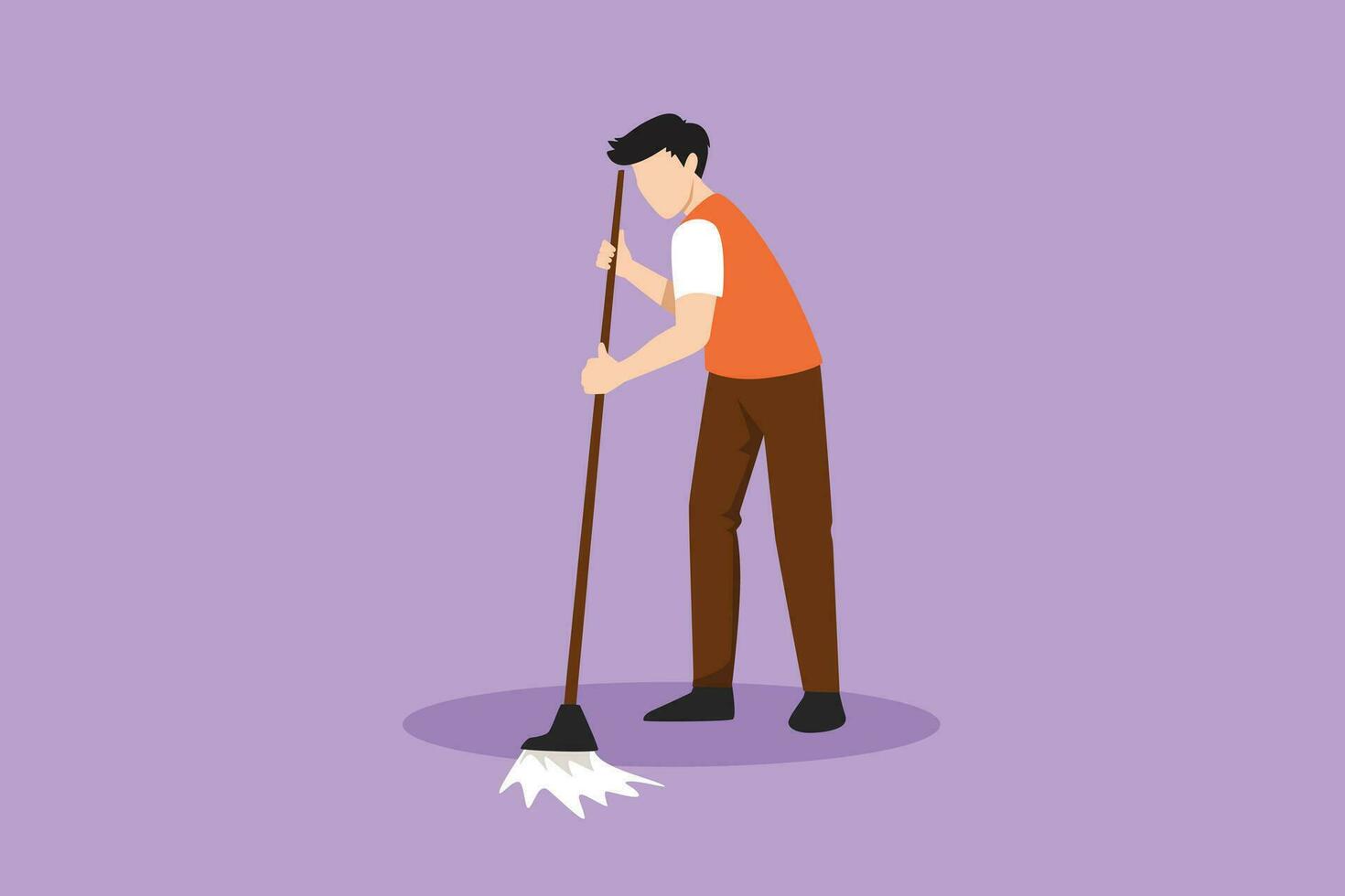 Graphic flat design drawing active young man mopping floor and cleanup indoors. Professional home clean, housework service or housekeeping workers, janitor concept. Cartoon style vector illustration